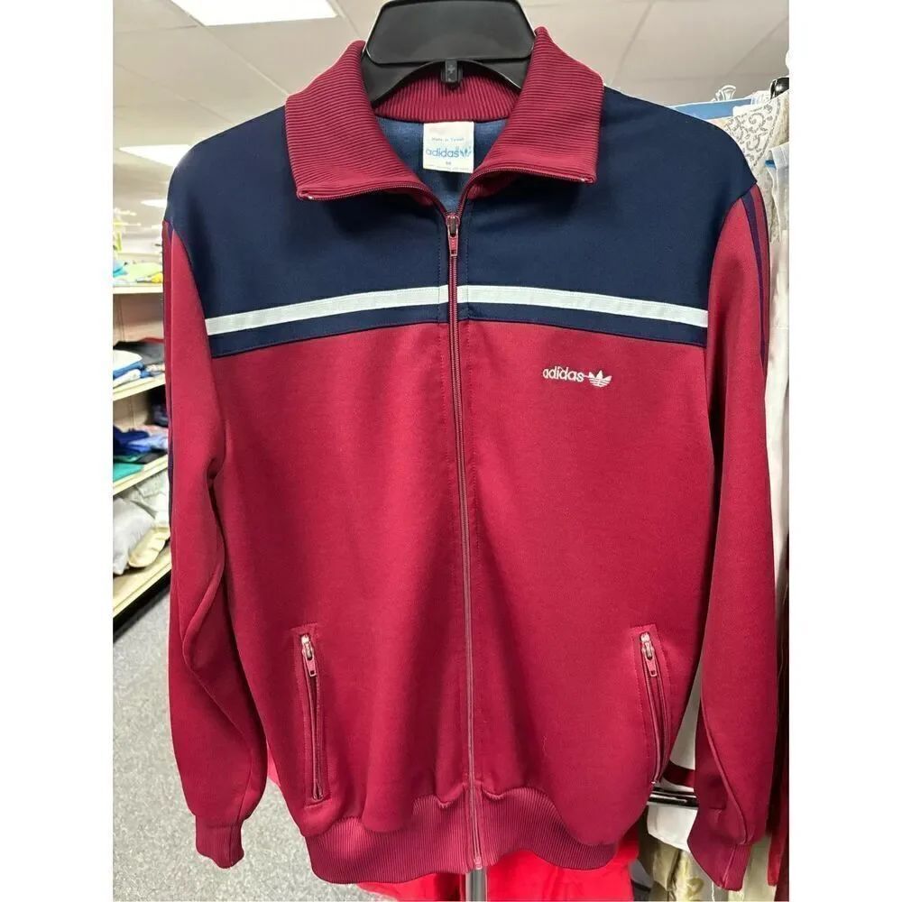 Vintage 80’s Adidas classical trefoil maroon and navy 3 stripe track jacket size